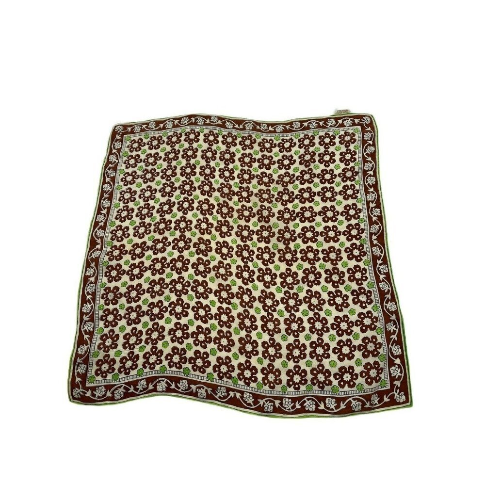 Vintage Silk Hand Rolled Green & Brown Handkerchief Floral